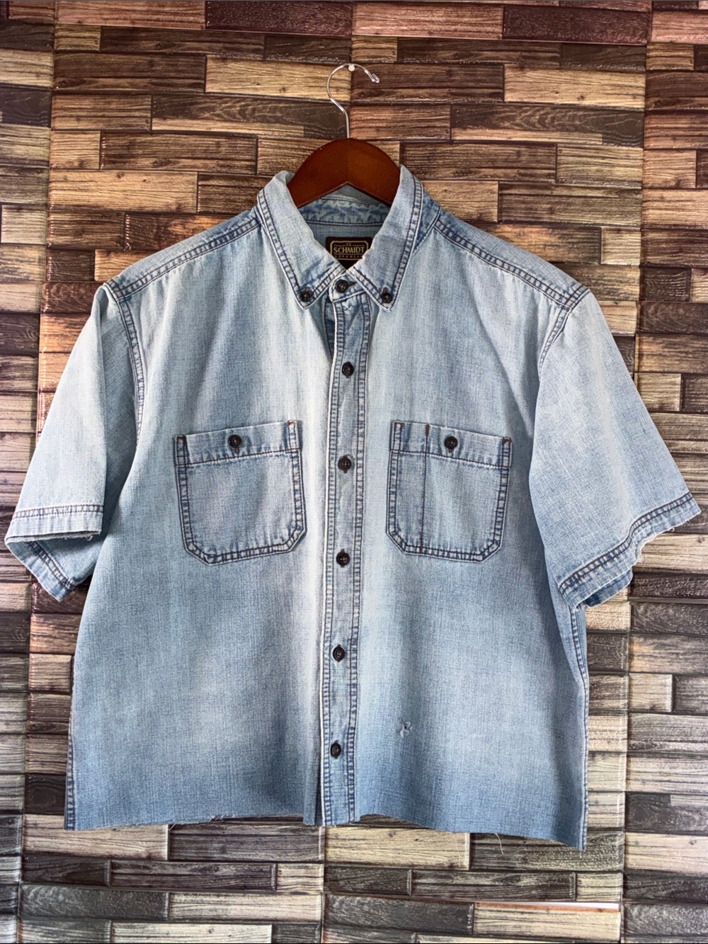 Vintage C.E Schmidt Large Self Cropped Light Wash Denim Button-Down Shirt